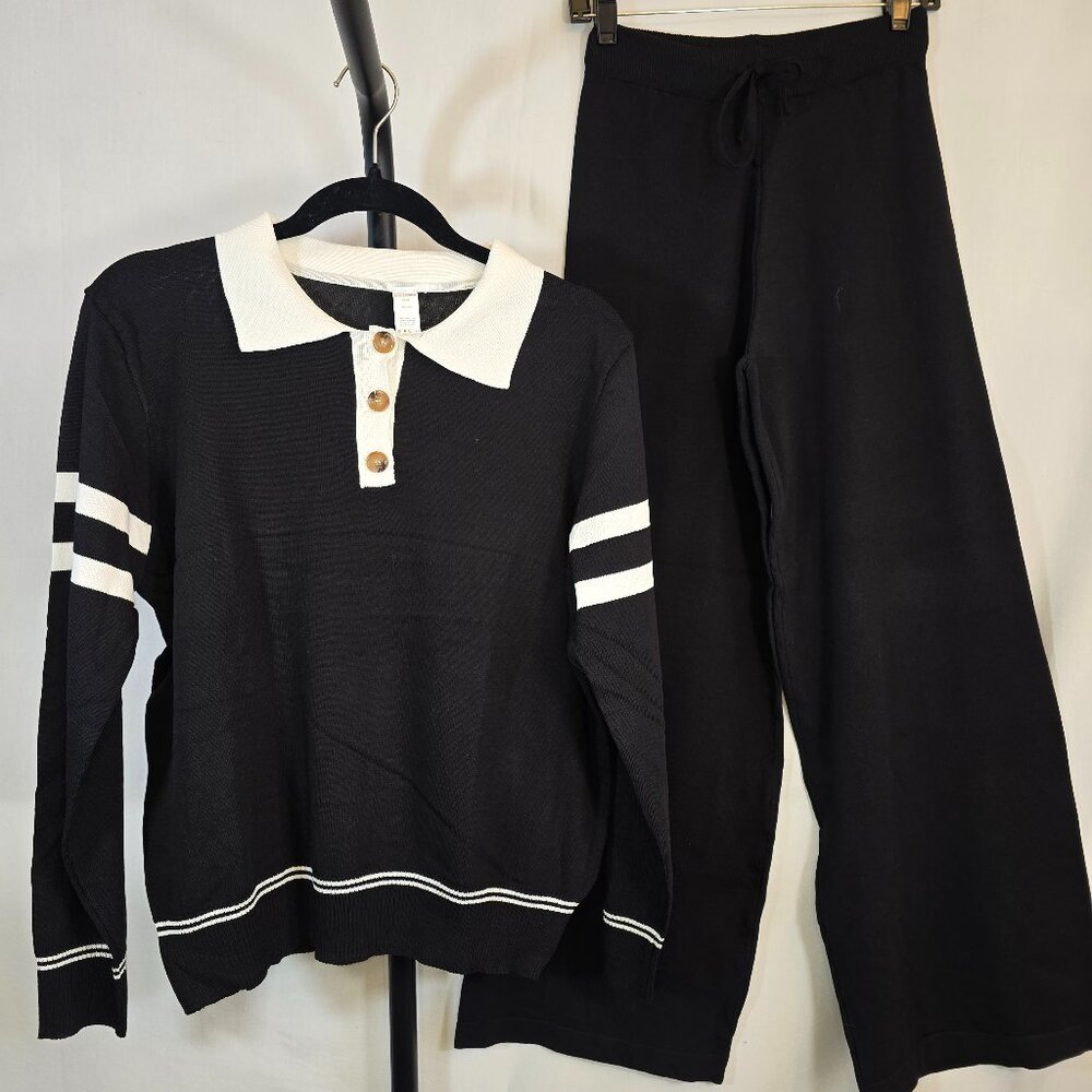 Black and White Collard Long Sleeve Knit pantsuit